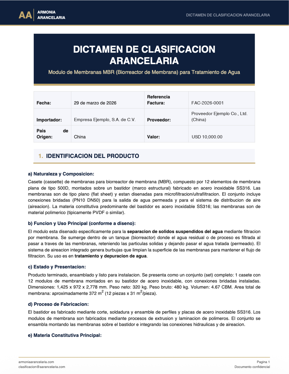 Ejemplo de dictamen de clasificación arancelaria - Página 1